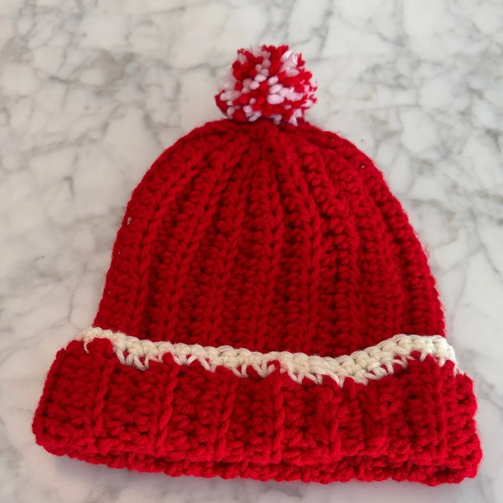 Red Crocheted Beanie with Pom Pom
